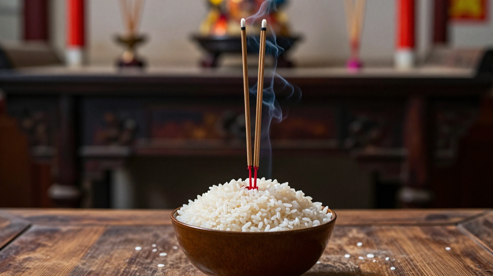 Traditional Chinese ancestral altar with a bowl of rice and upright incense sticks or chopsticks representing offerings for the deceased