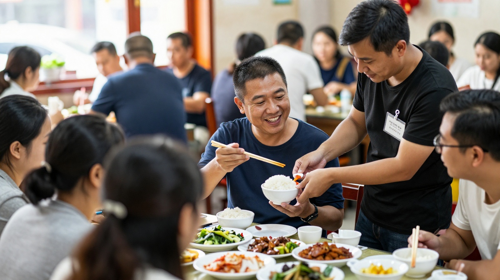 Foreign tourists learning proper chopstick etiquette from Chinese hosts in a restaurant