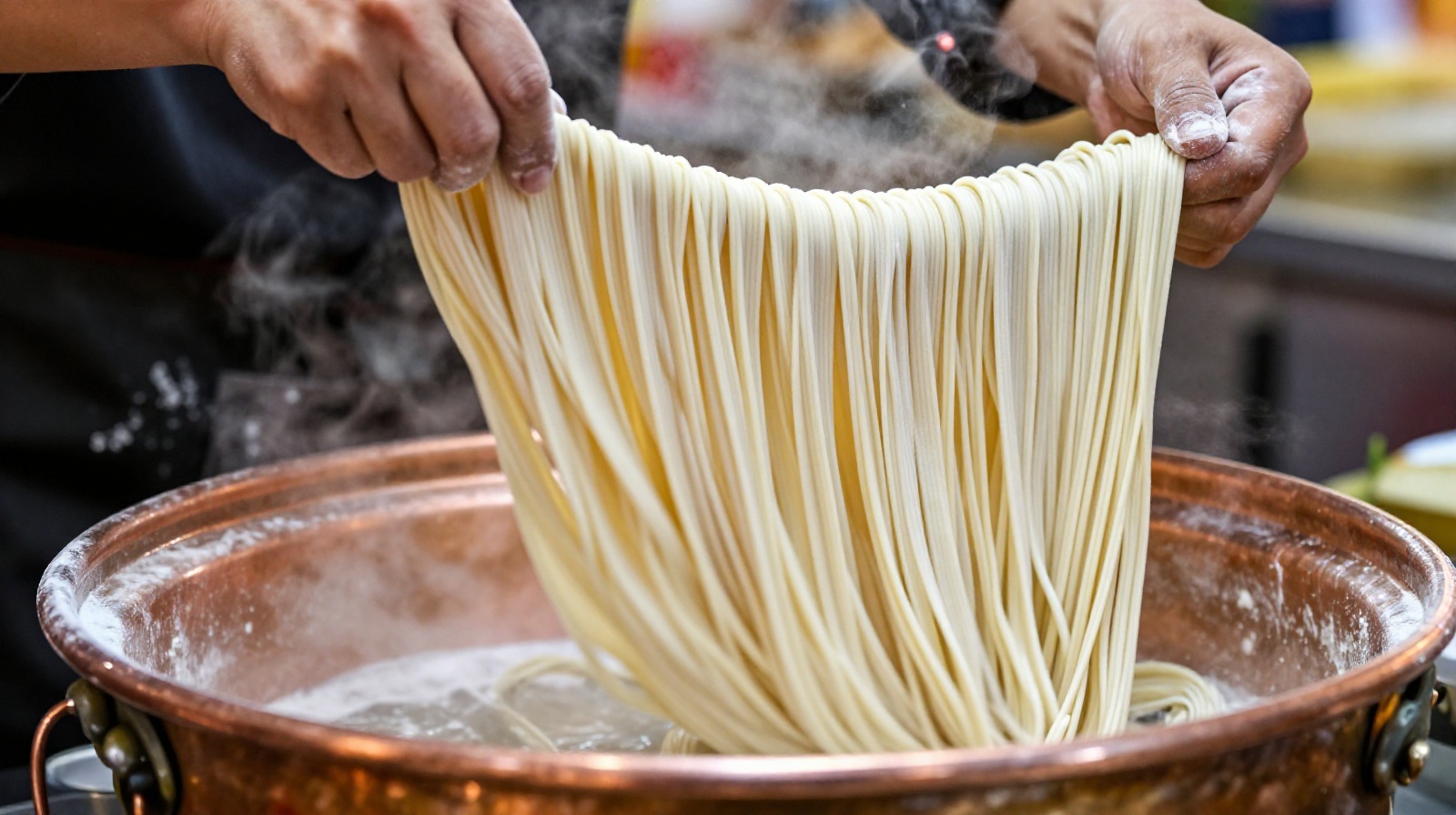 A close-up view of a chef stretching and pulling massive, belt-width noodles over a copper bowl in a traditional Chinese restaurant kitchen in Xi'an.