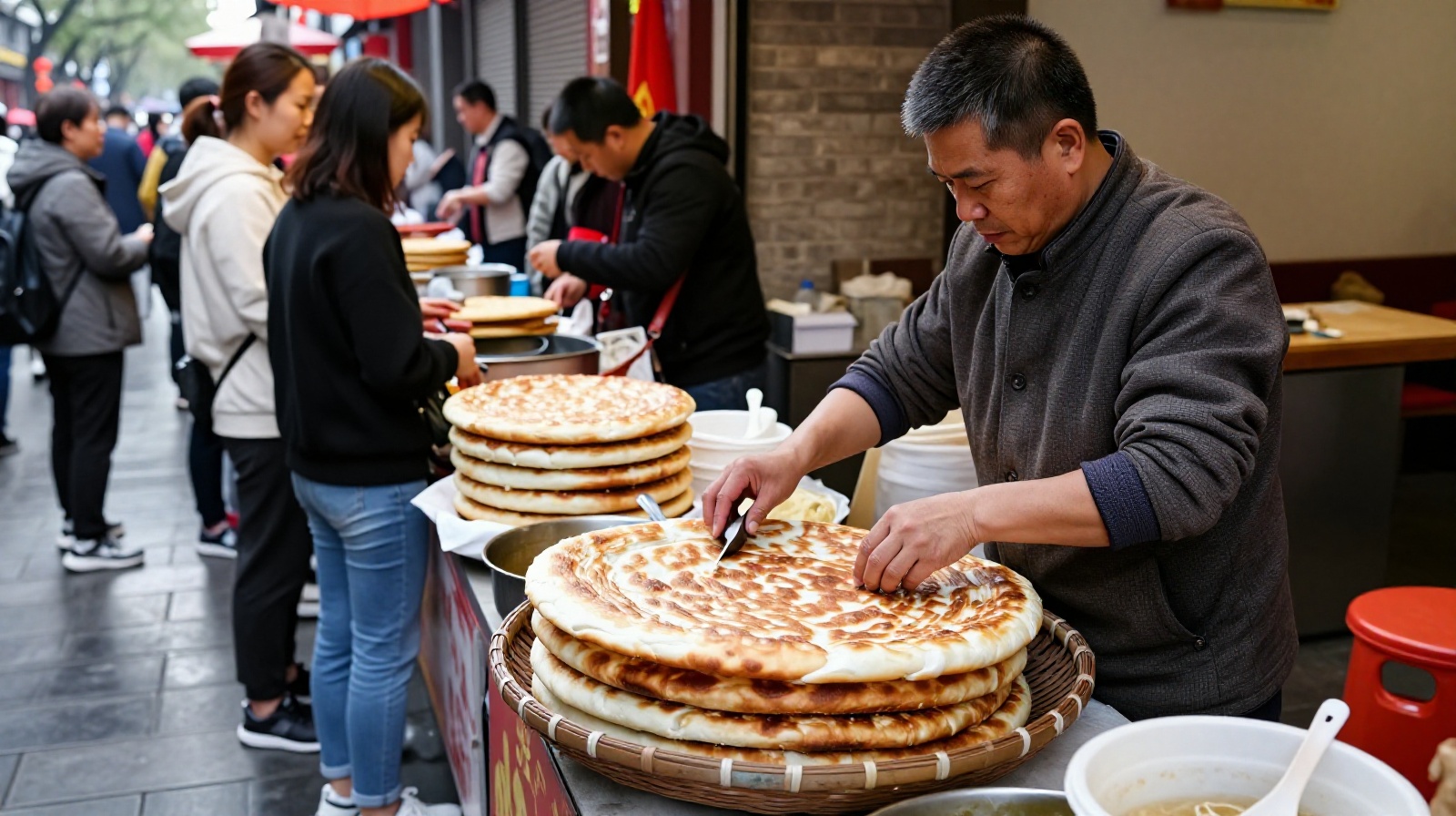 An elderly woman selling traditional Guokui bread from a woven basket on a bustling street corner in Xi'an.