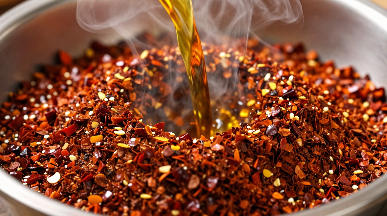 Hot oil sizzling as it is poured onto chili powder to create spicy Shaanxi-style You Po La Zi sauce.