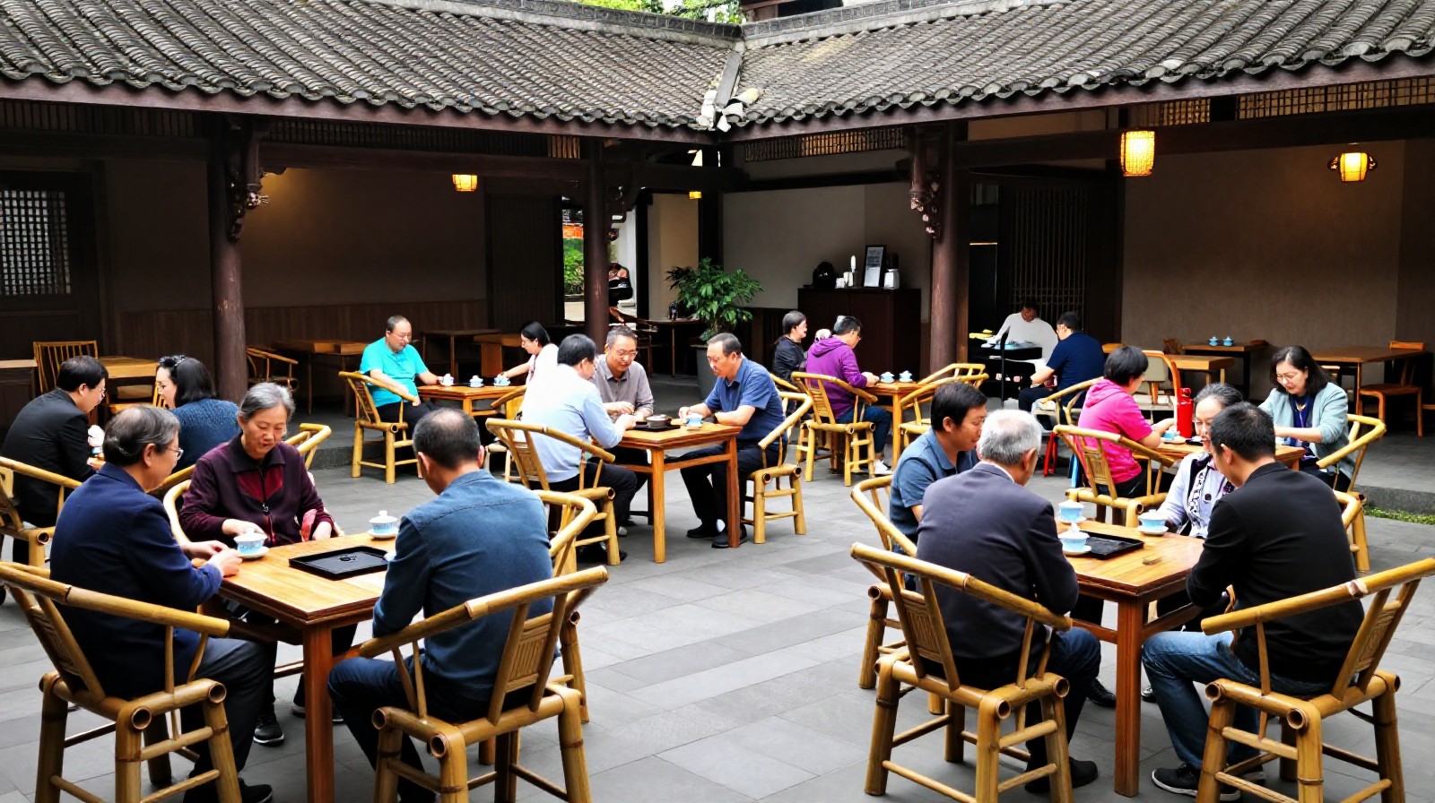 Locals relaxing and drinking tea from Gaiwans in a traditional Chengdu teahouse courtyard