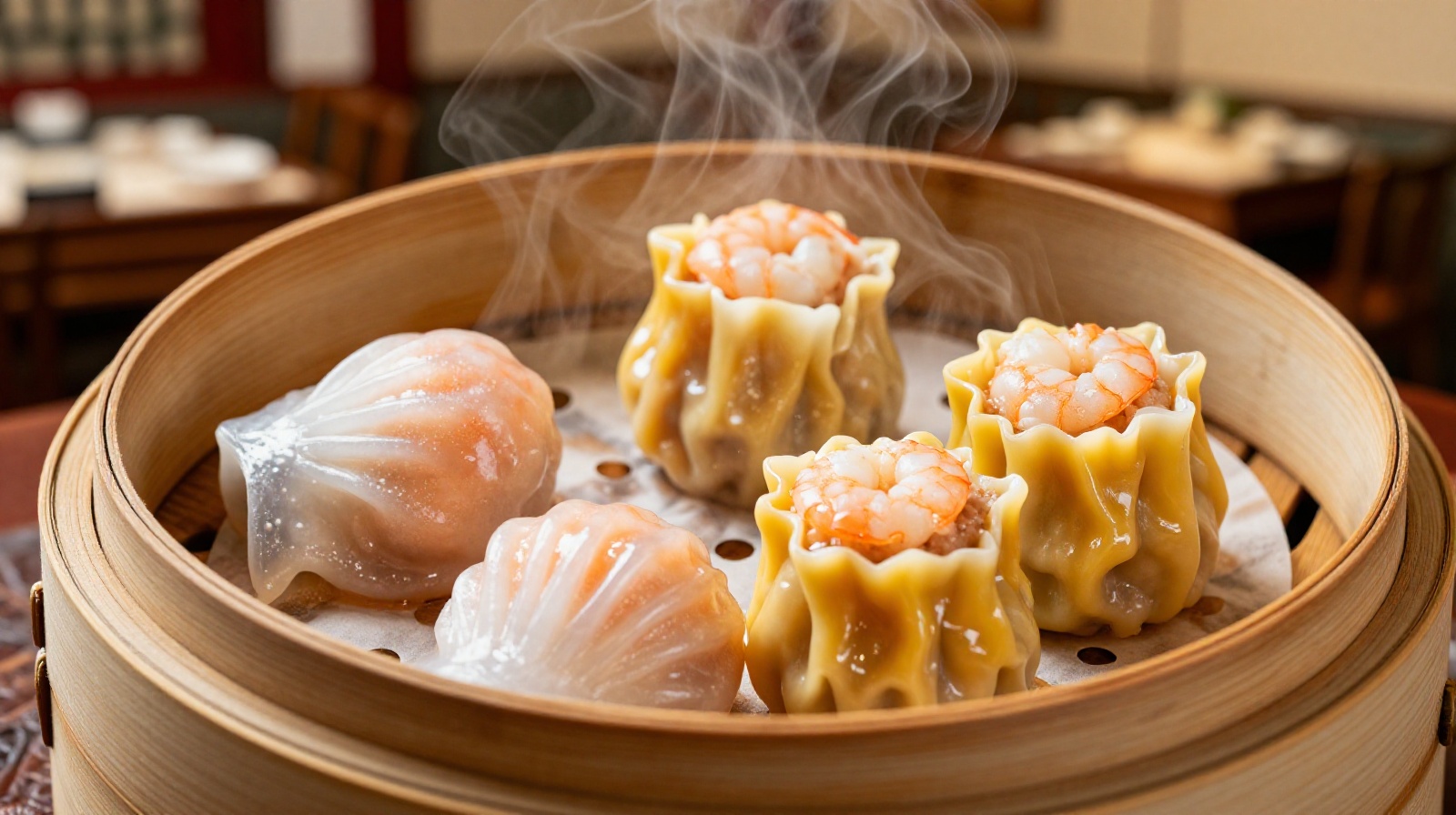 Close-up of steaming bamboo baskets containing fresh Har Gow and Siu Mai dim sum on a wooden table in a Chinese restaurant