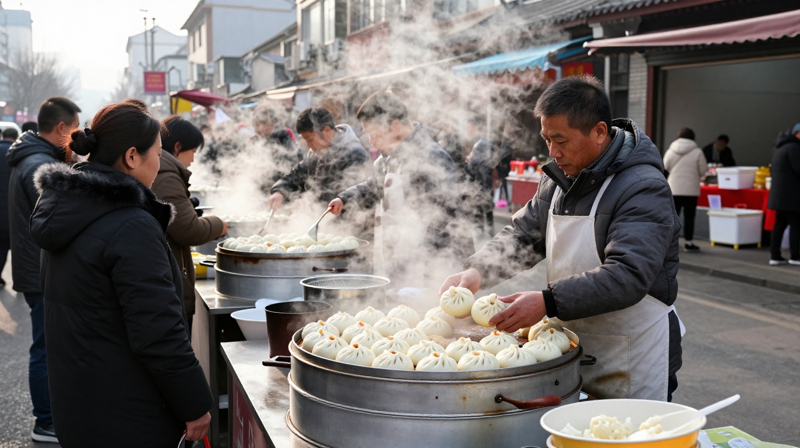 A street vendor serving hot steamed pork buns from a large metal steamer on a busy city street in Northern China