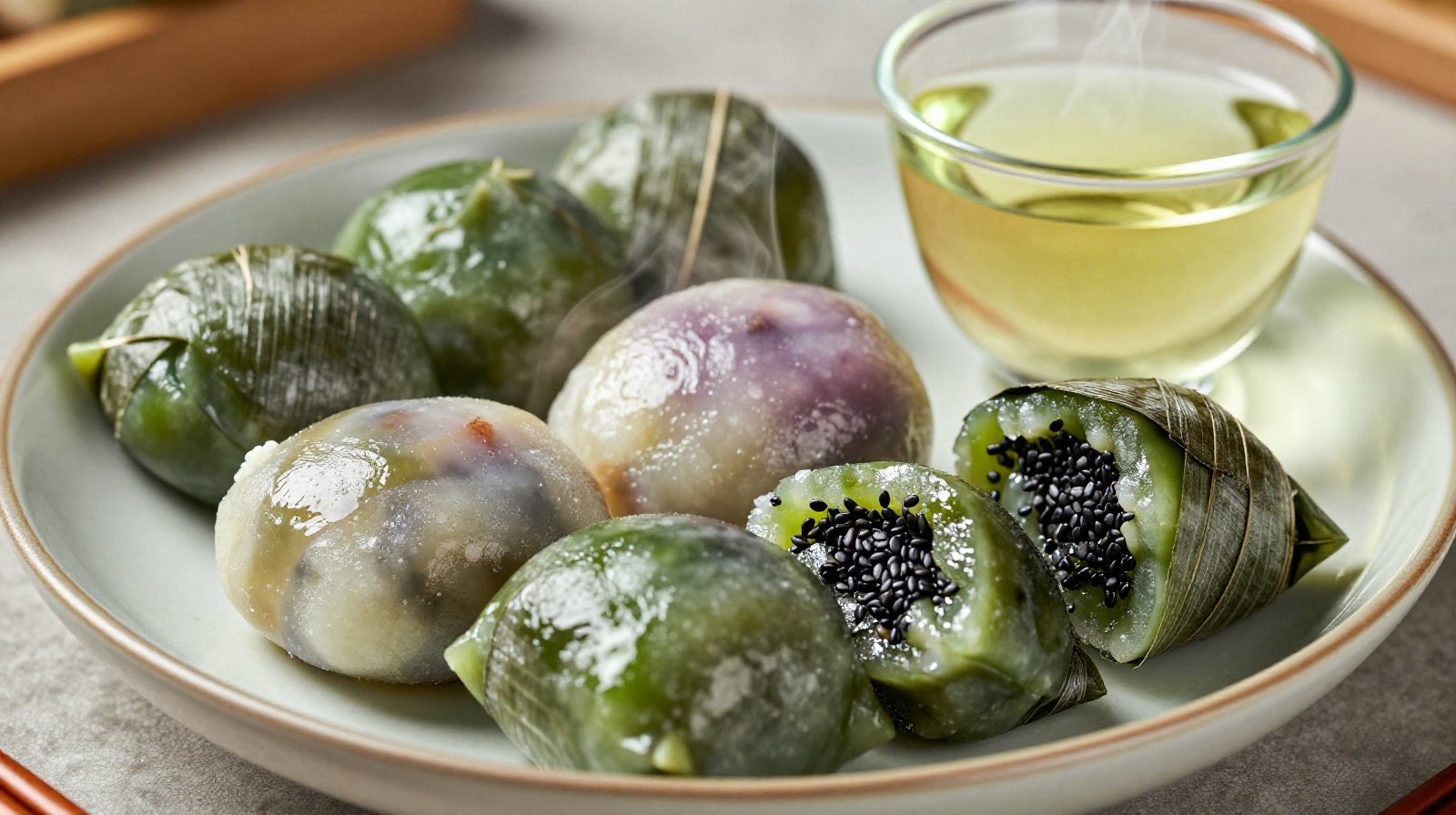 Traditional Chinese sticky rice cakes called Qing Tuan served on a ceramic plate with a side of hot tea