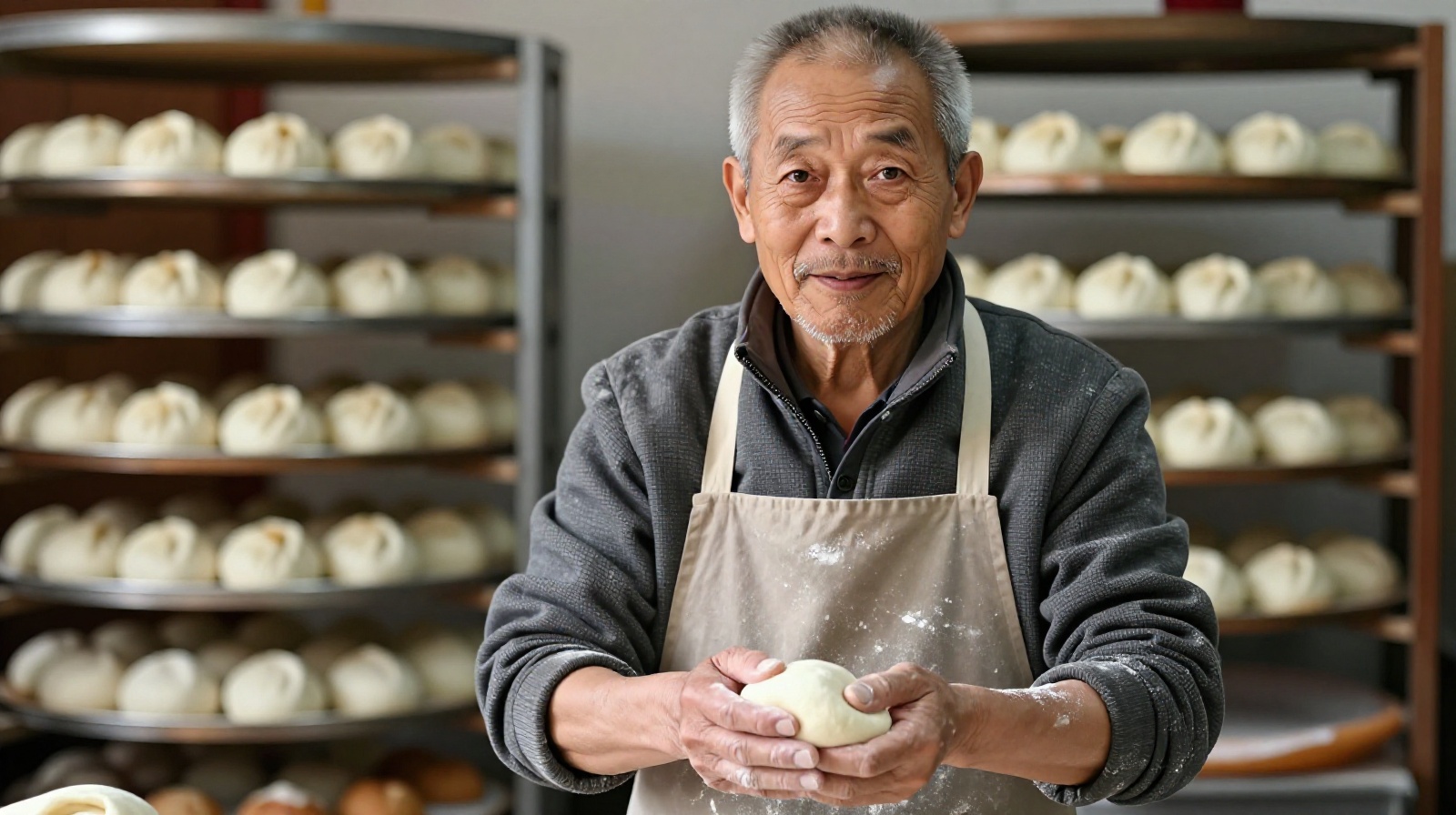 An elderly master pastry chef showing the art of hand-kneading dough in his family bakery