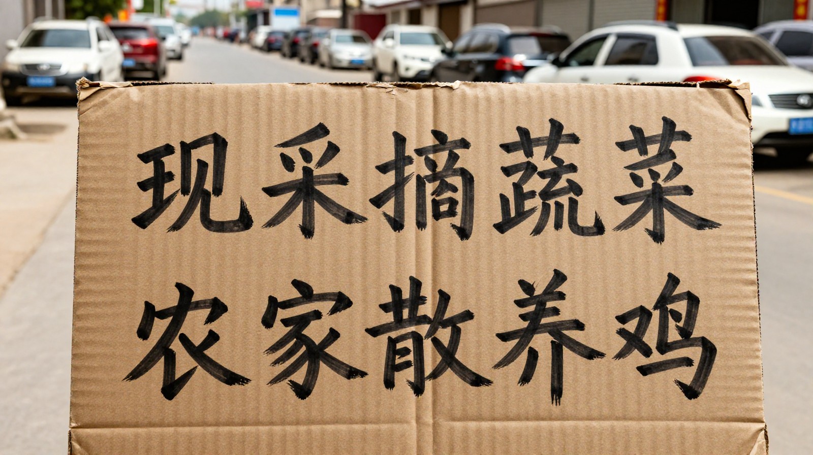 Handwritten cardboard menu at a rustic Nongjiale farm house restaurant in China showing seasonal vegetables
