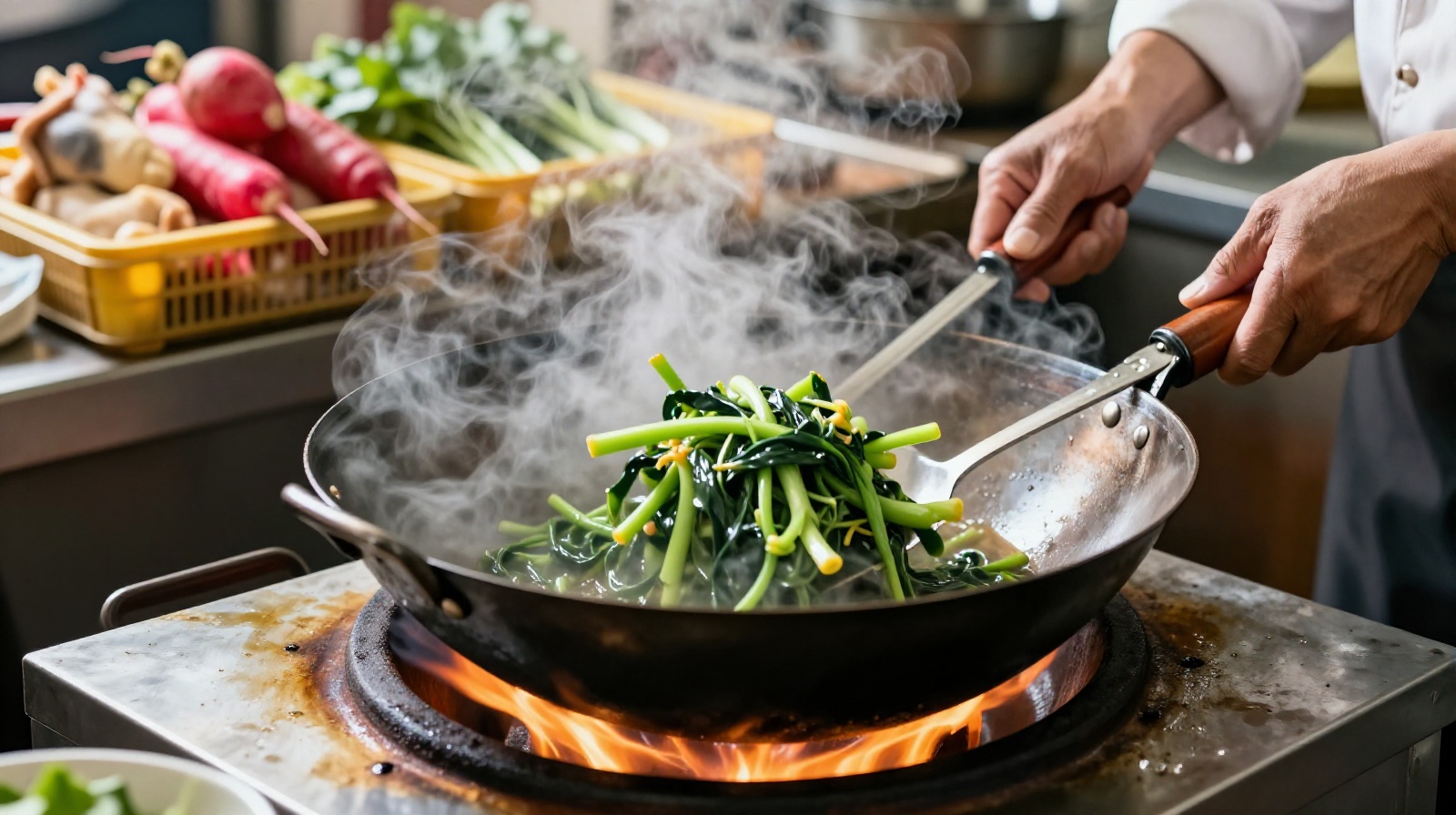 Cook preparing authentic farm food in a traditional wok at a rural Nongjiale restaurant