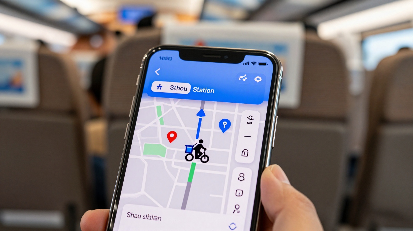 Close-up of a smartphone displaying a food delivery app map showing a rider approaching Suzhou Station while on a moving high-speed train in China