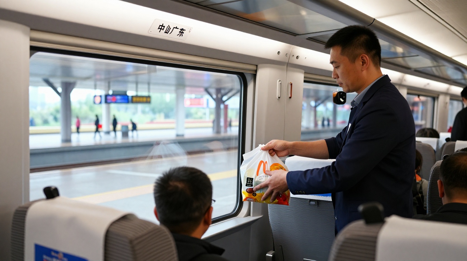 A delivery rider in a uniform handing a hot takeout meal to a passenger through the window of a stopped high-speed train at a Chinese station