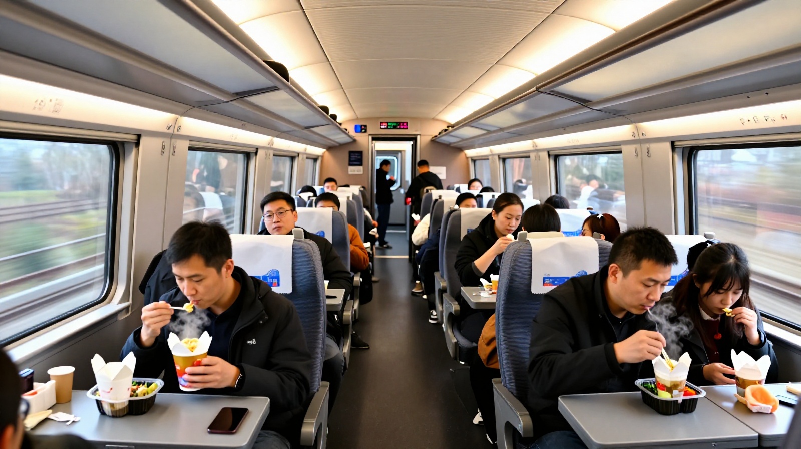 Passengers dining on local hot food delivery orders inside a modern Chinese high-speed railway carriage