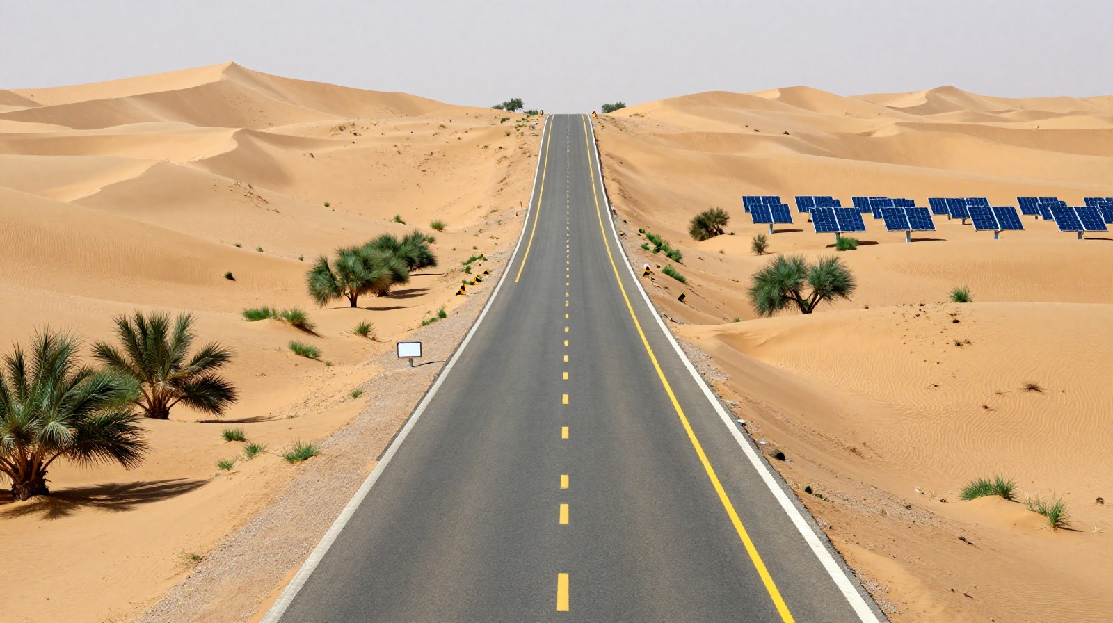 Highway running through Kubuqi Desert showing transition from sand to green vegetation and solar infrastructure