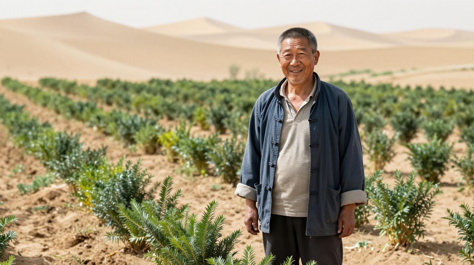 Local herder turned forest farmer standing in front of newly planted desert vegetation