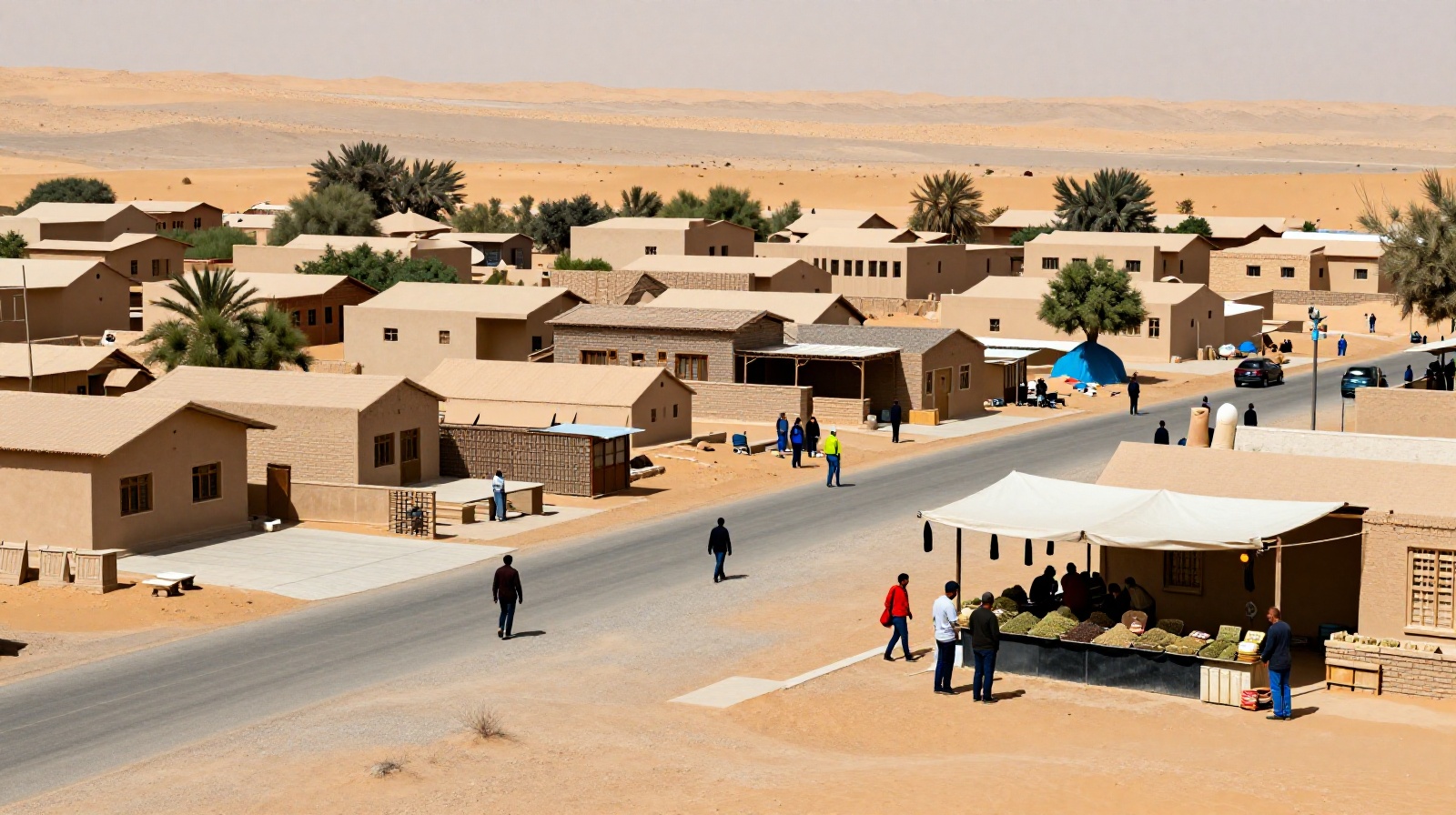 Modern village life in Kubuqi with shops and paved streets replacing former nomadic camps