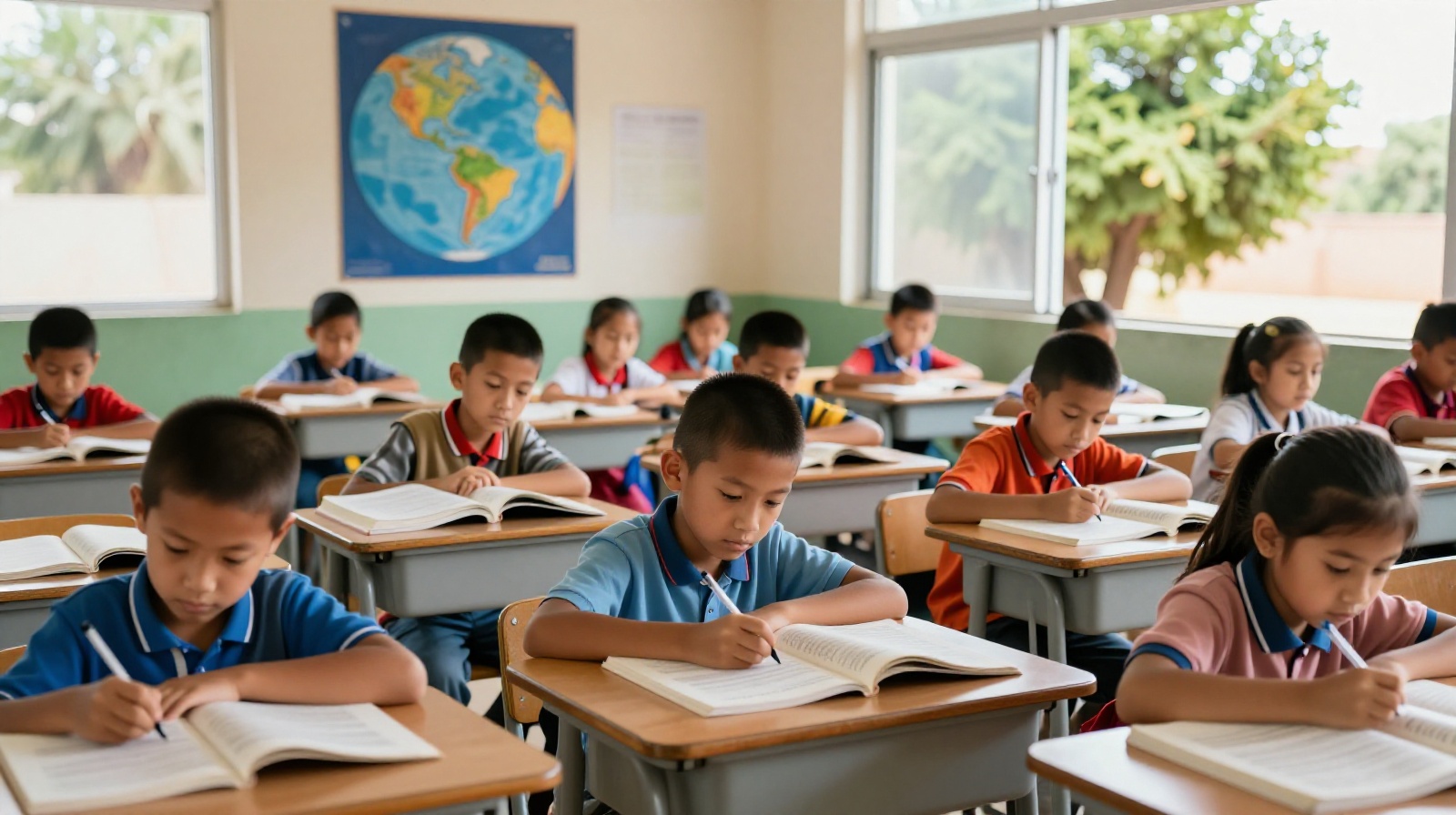 Students studying environmental science in a school located in the Kubuqi Desert region