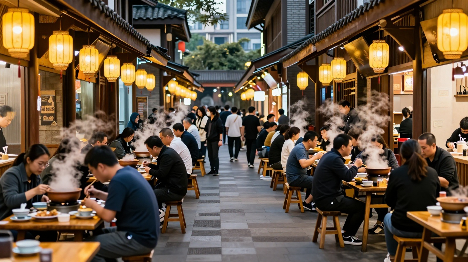 Bustling night market scene in Chengdu with steam rising from food stalls and locals dining together under warm lights