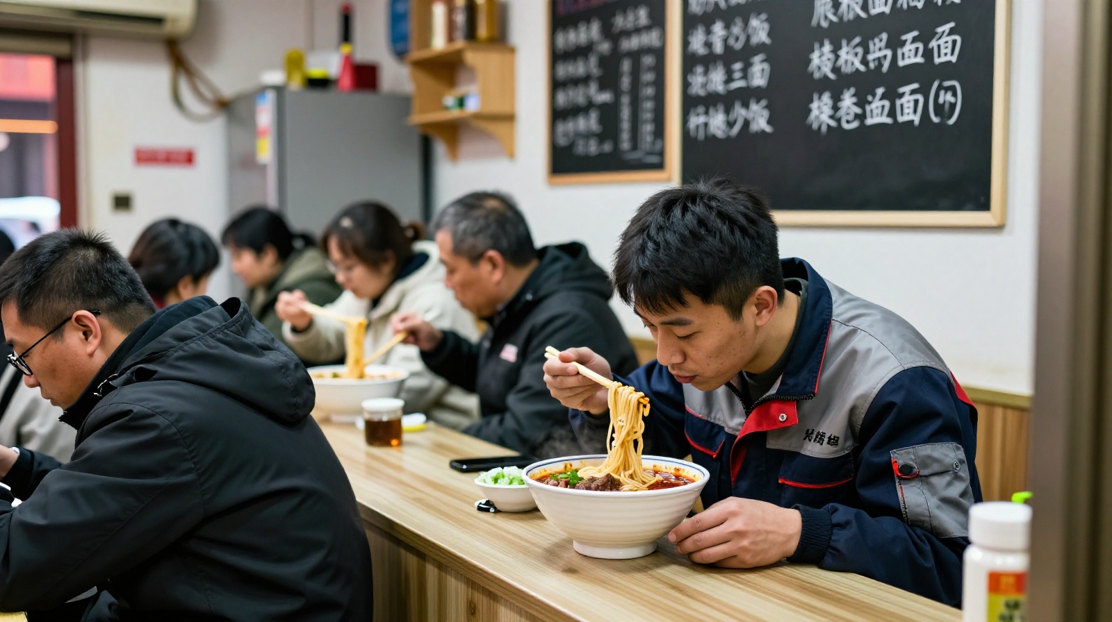Local worker eating spicy beef noodles at a busy street-side noodle shop counter