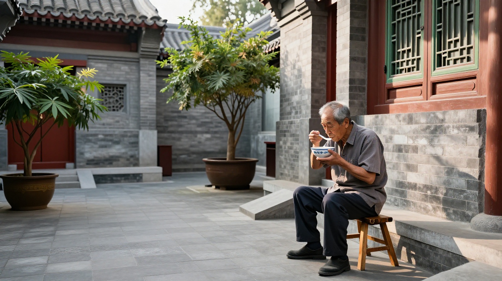 An elderly Chinese man drinking soy milk in a quiet traditional hutong courtyard with grey brick walls