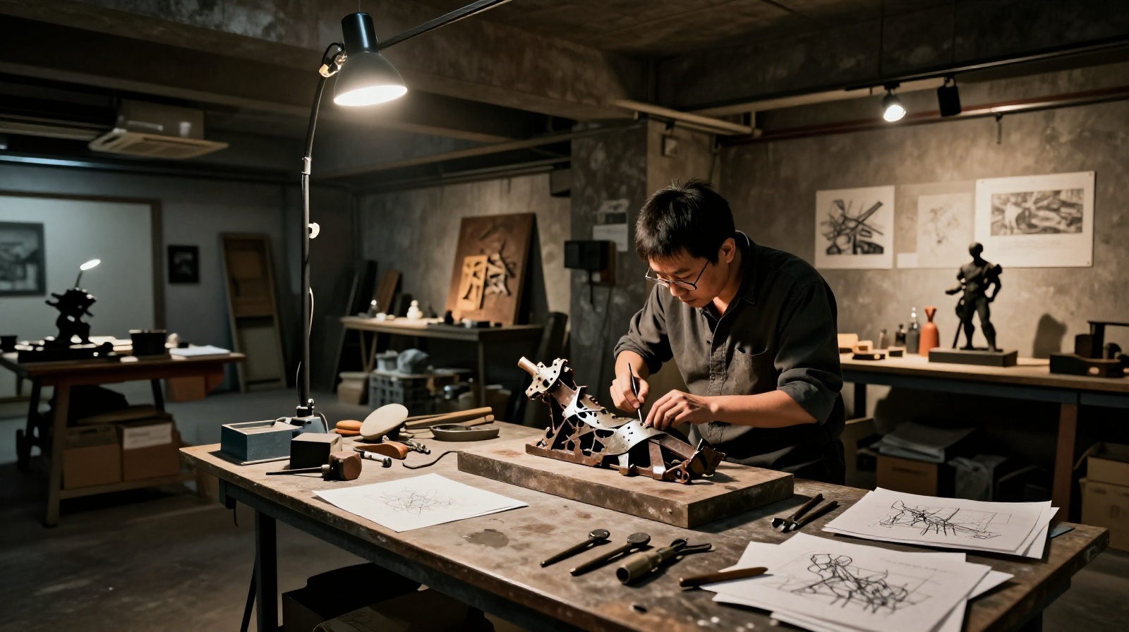 Chinese artist working on a sculpture inside a dimly lit underground art studio in Beijing