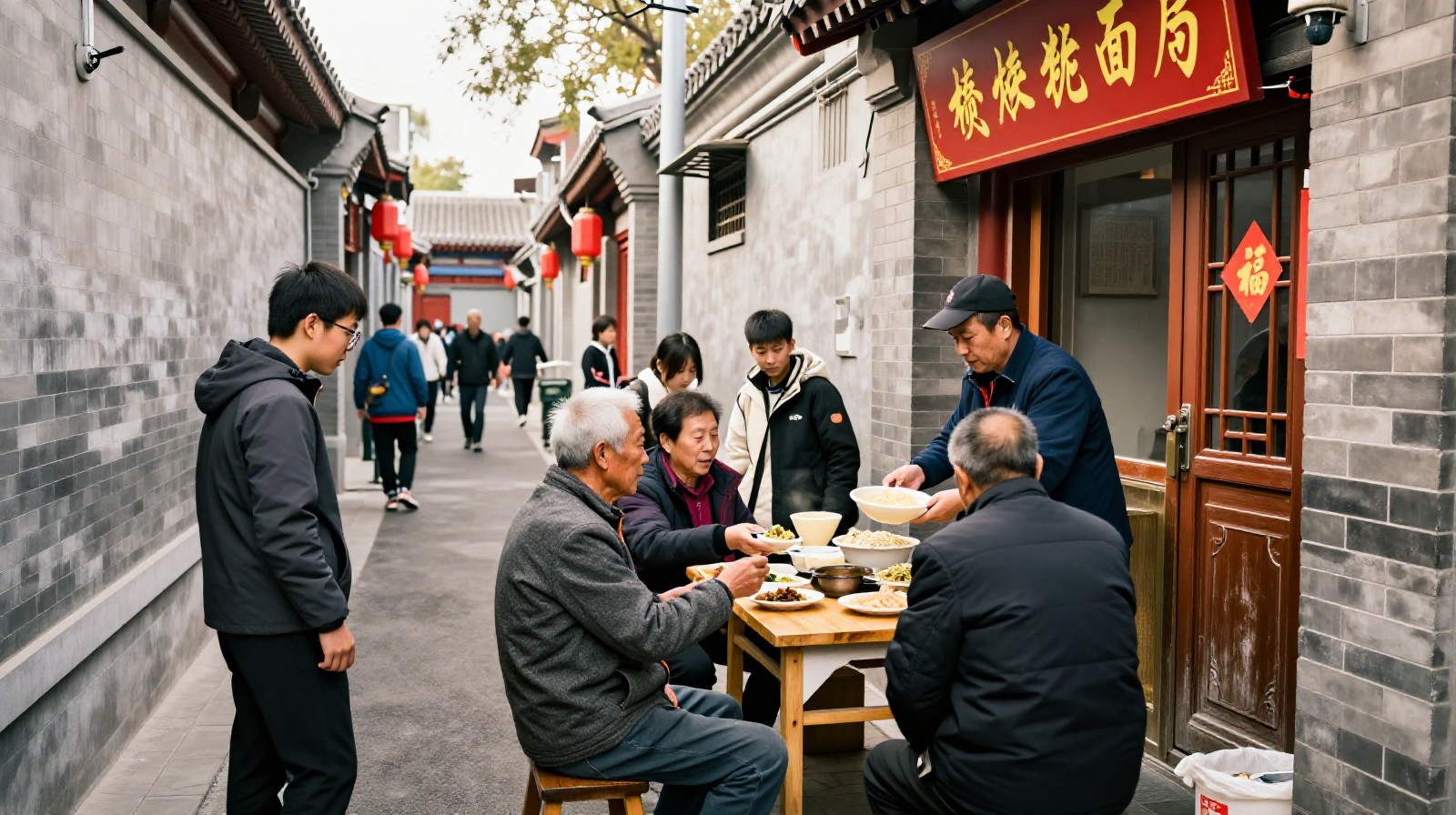 Local residents sharing a meal at a small noodle shop inside a Beijing hutong alley