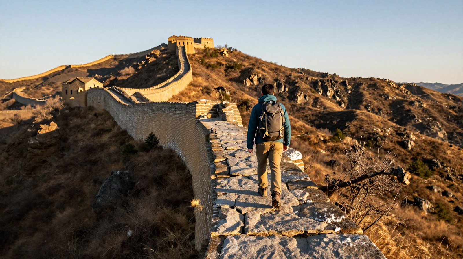 A hiker navigating the uneven terrain of the Wild Great Wall during the golden hour