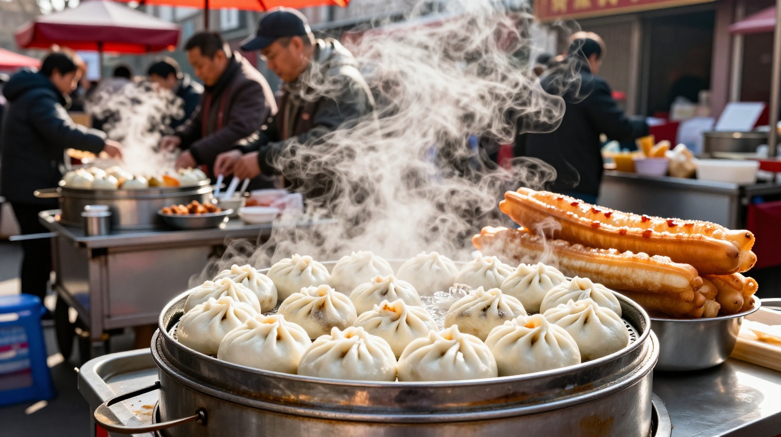 Steaming traditional Chinese breakfast food baozi and youtiao being served on a plate at a Tianjin street stall with morning sunlight
