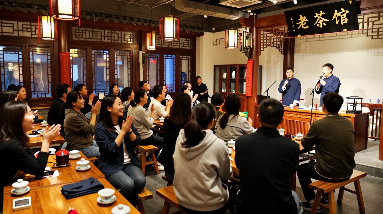 Audience enjoying a lively Xiangsheng crosstalk performance inside a traditional Tianjin teahouse