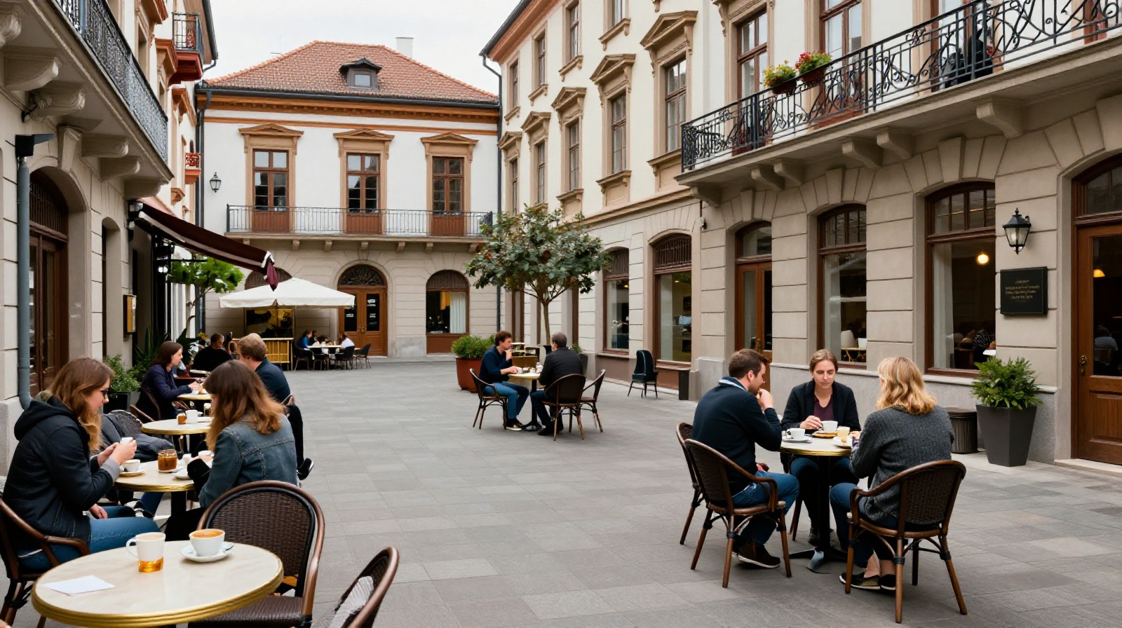 People relaxing in a quiet courtyard cafe surrounded by historic European villas in Tianjin