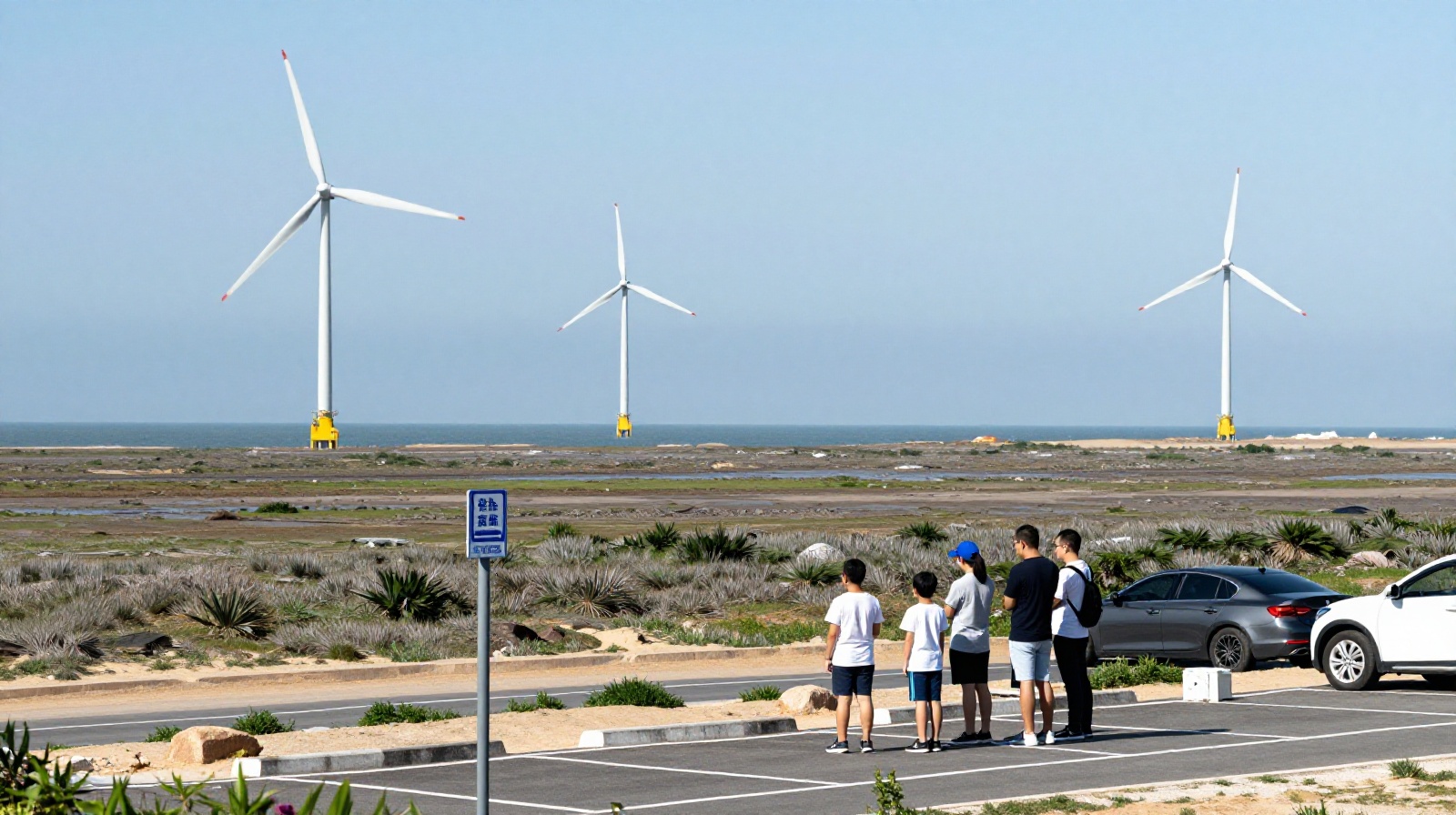 Family taking photos at a roadside stop in Binhai New Area with wind turbines and ocean view