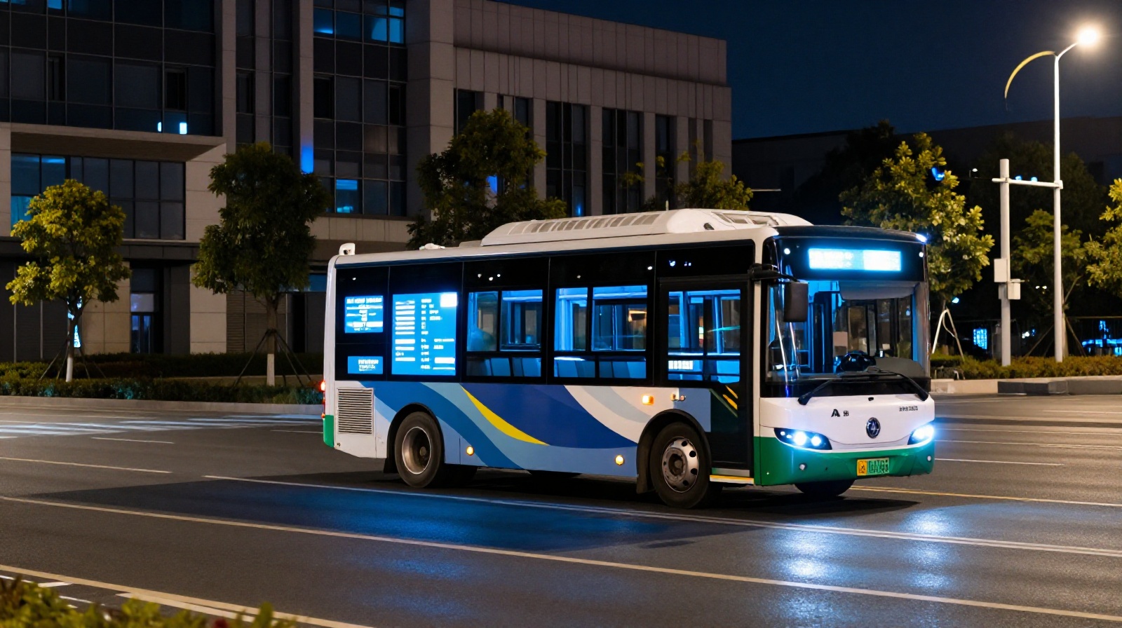 Autonomous shuttle bus testing route at night in the Binhai New Area smart city zone