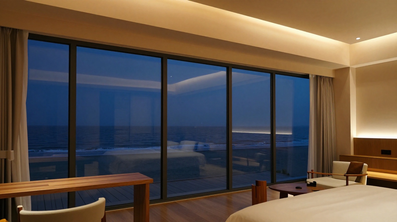 Modern minimalist bedroom with sea view at an Aranya homestay