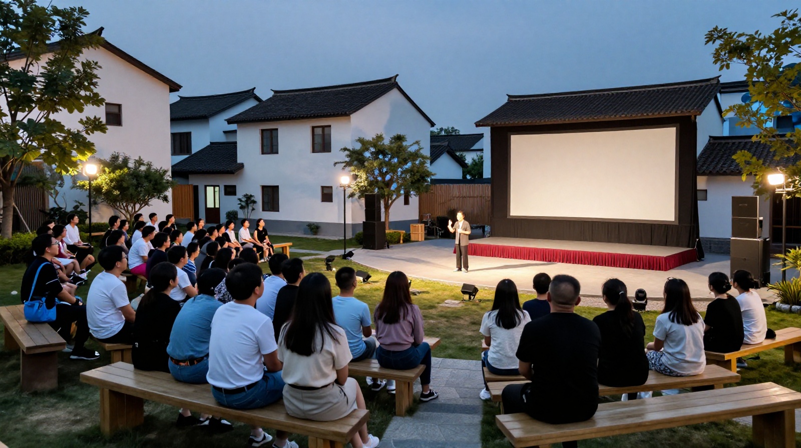 Community members attending an evening theater performance at Aranya