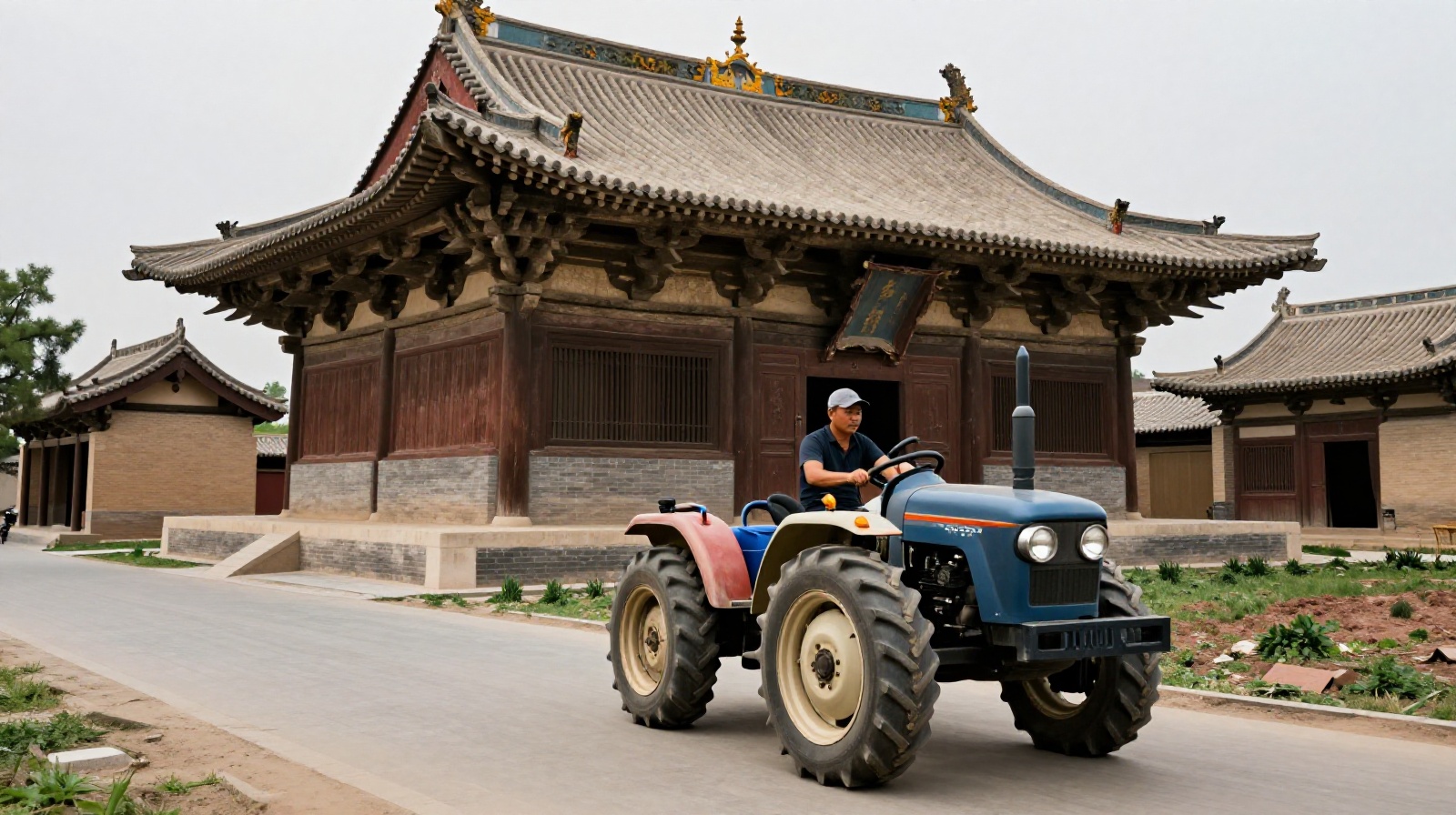A farmer driving a tractor past an ancient wooden temple in rural Shanxi