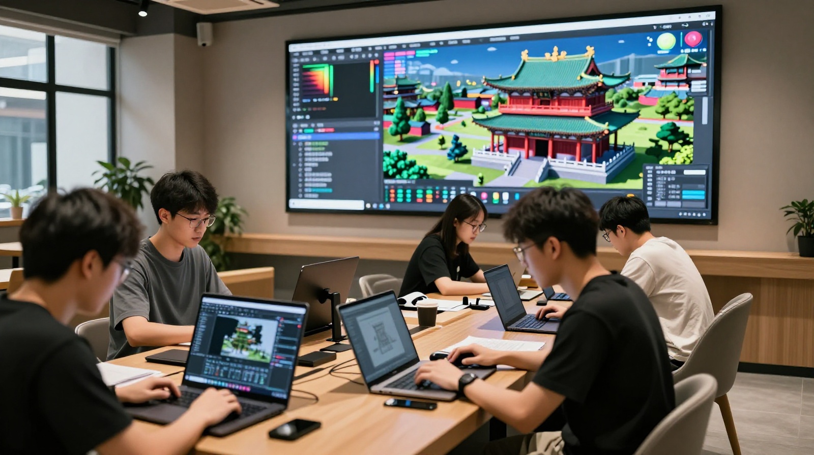 Young digital artists creating 3D models of ancient temples in a modern studio