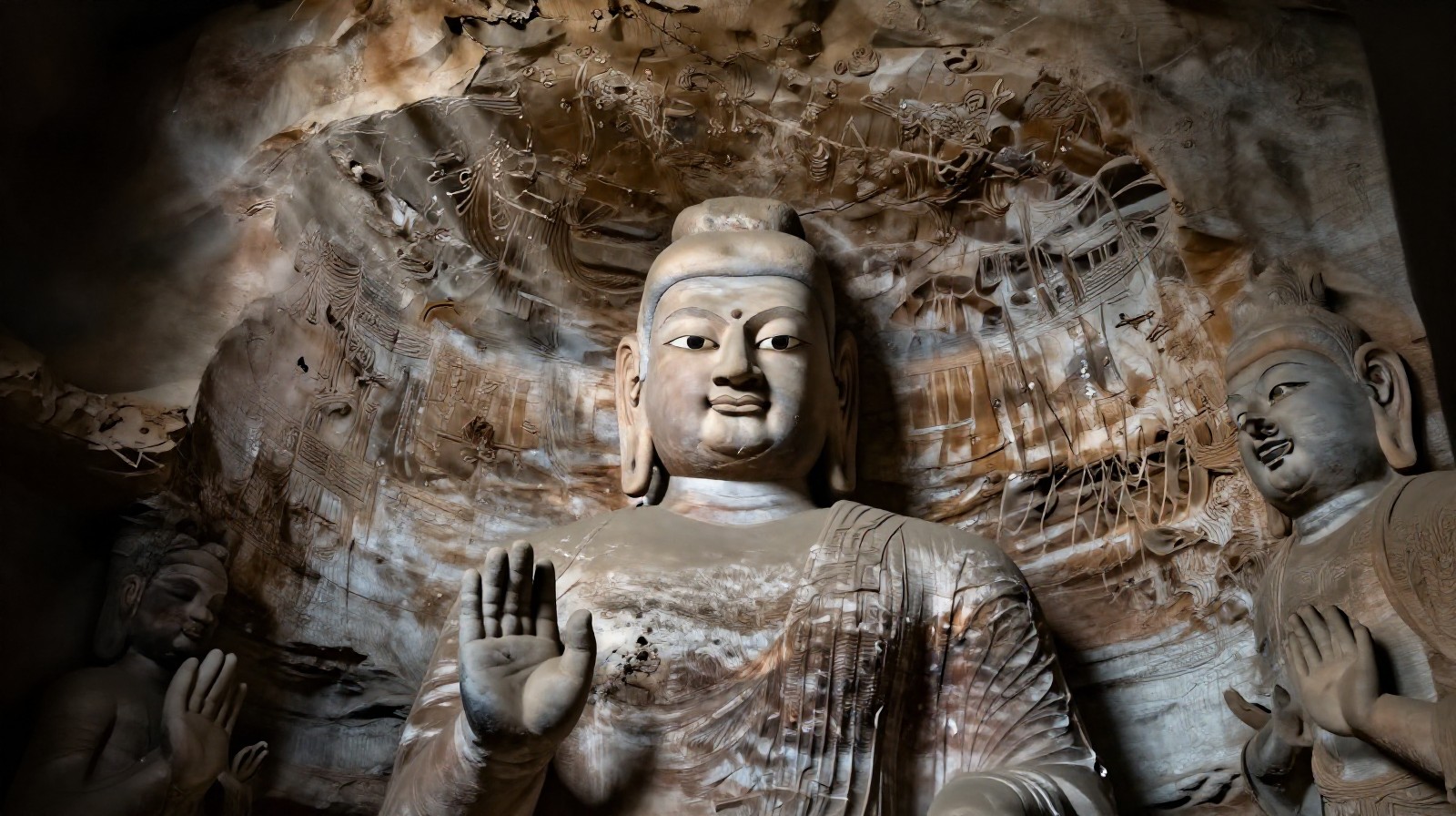 Ancient stone Buddhist statues illuminated by natural sunlight inside Yungang Grottoes Shanxi China with dust particles floating in the air
