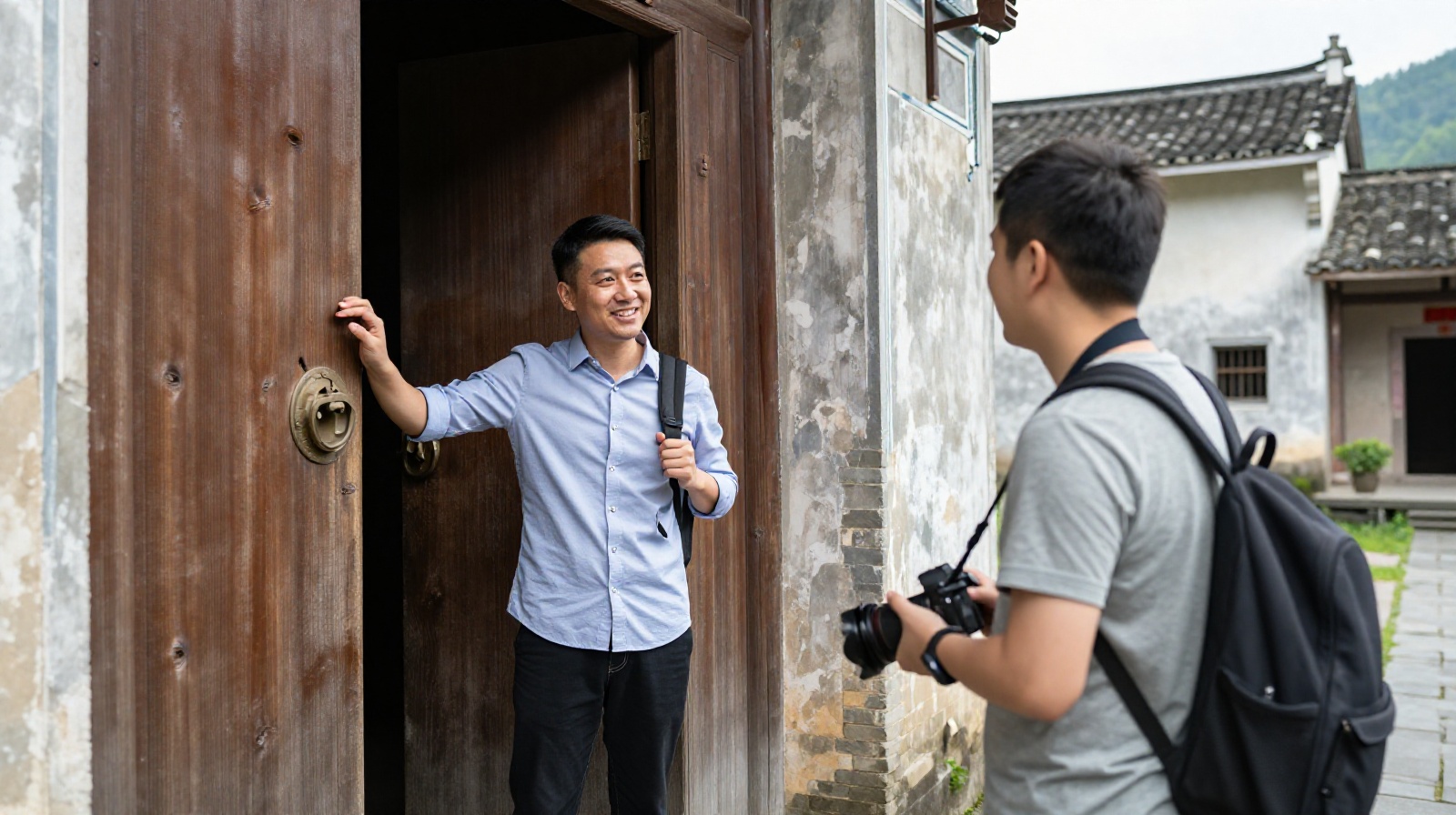 Local tour guide in Shanxi China explaining the history of an ancient wooden temple to tourists near Yuhuang Temple