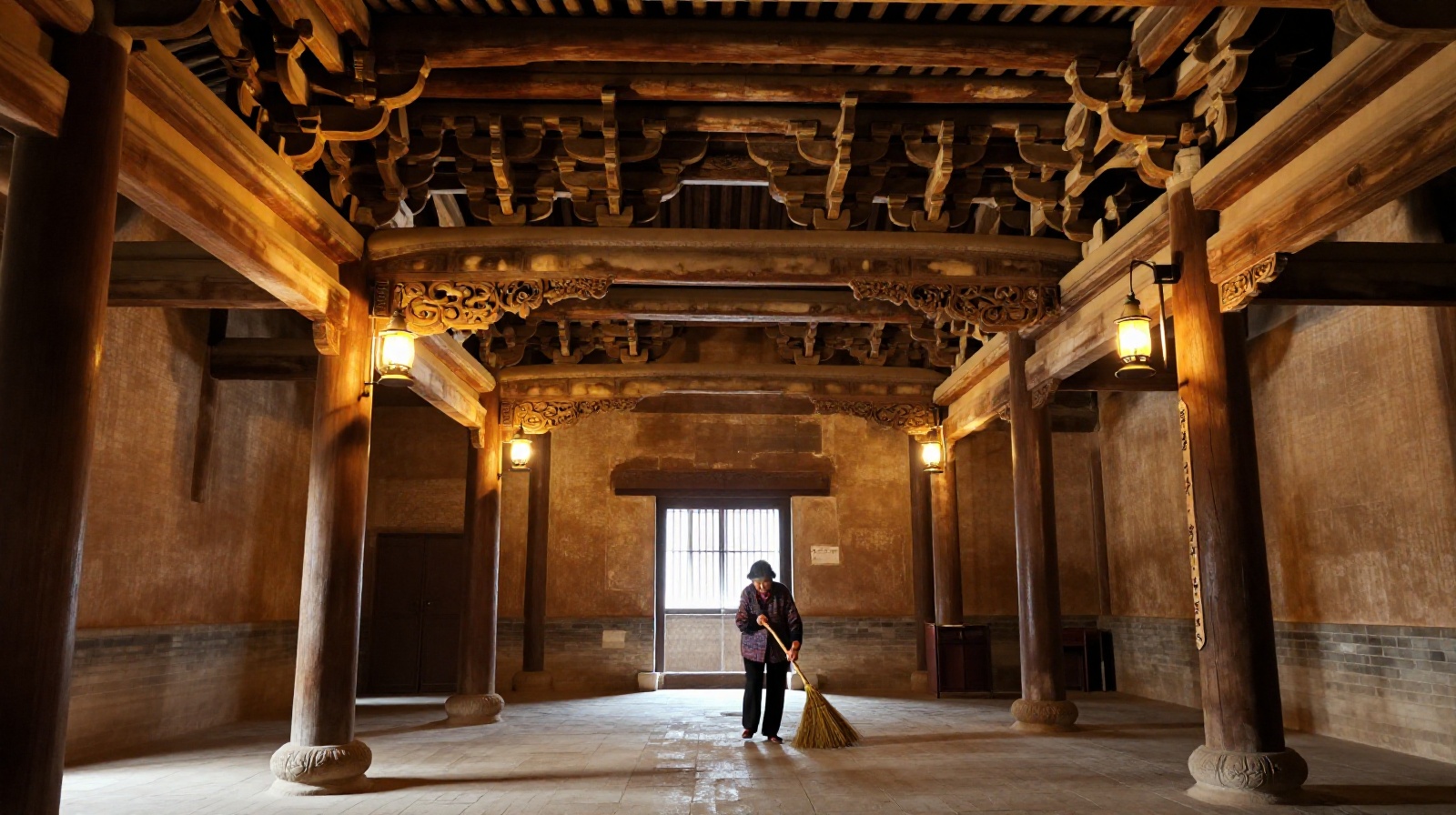 Intricate wooden roof structures and carvings inside a preserved ancient temple in rural Shanxi province China
