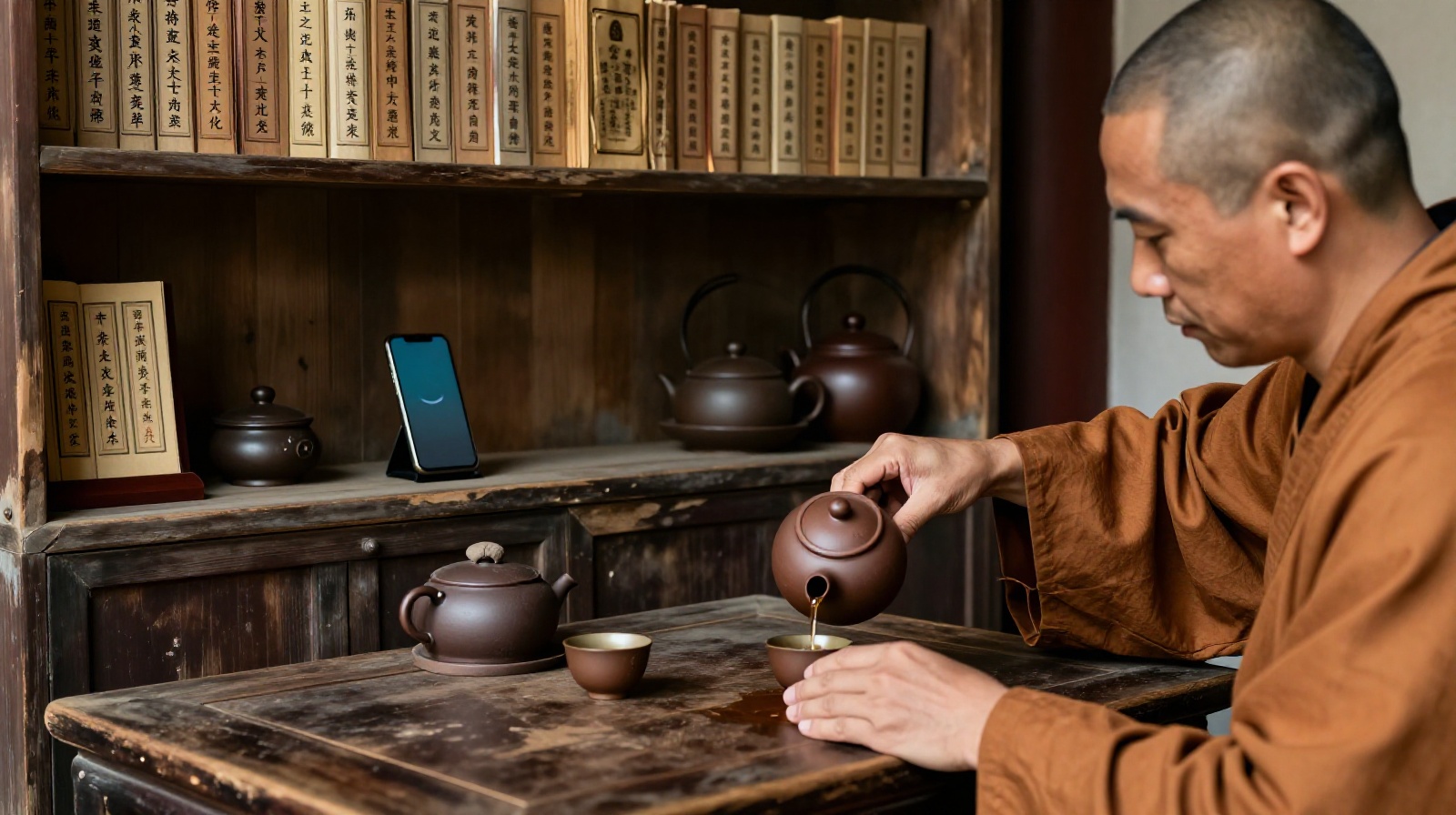 Interior of a traditional tea house in a Chinese cliff temple showing a monk serving tea with a smartphone visible in the background.