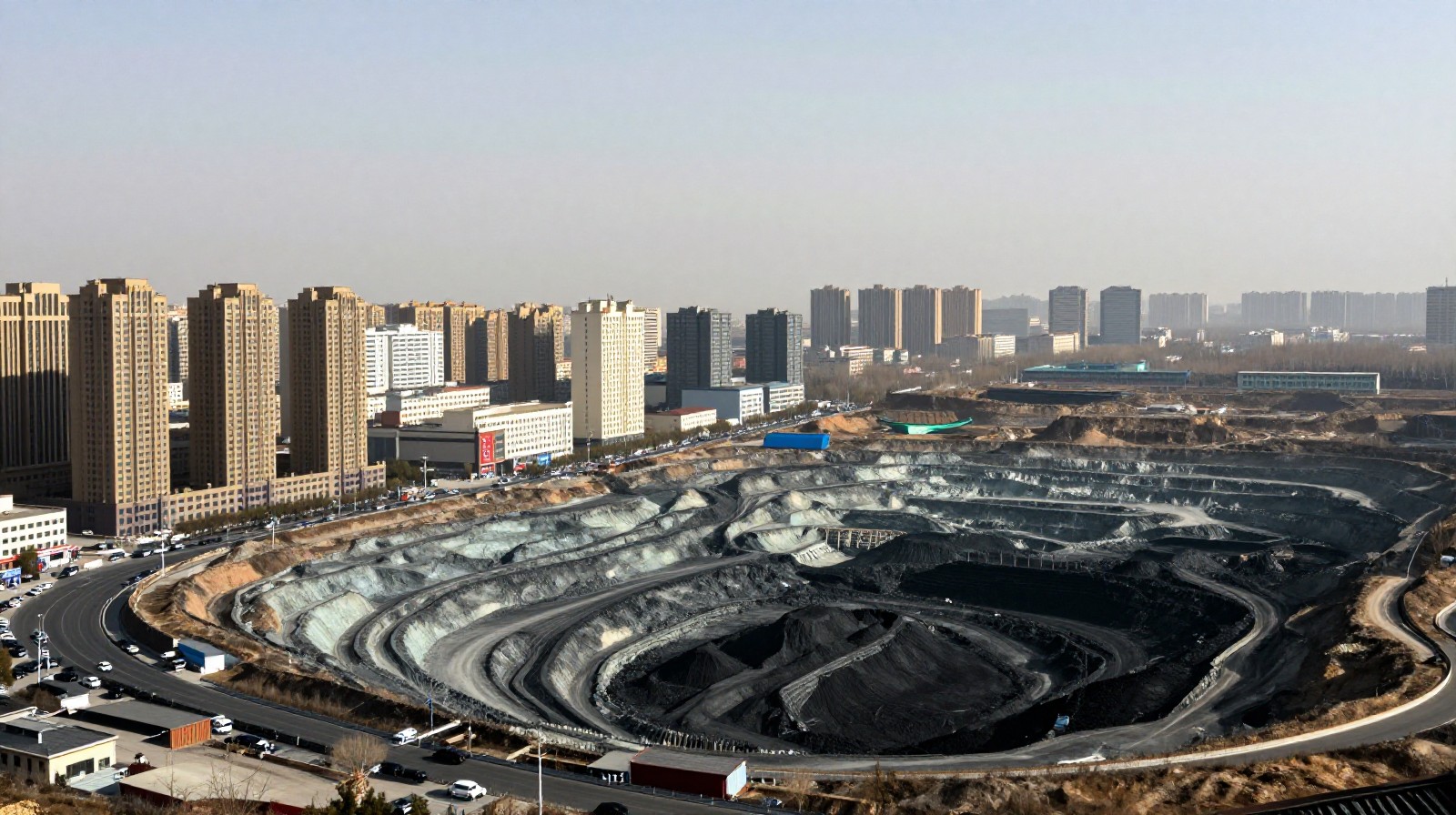 The juxtaposition of modern skyscrapers and a black coal mine in Datong city, Shanxi province.