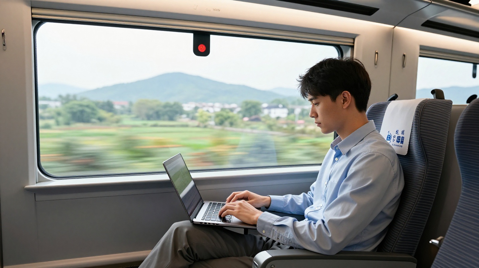 Passenger working on a laptop inside a modern Chinese high-speed train carriage with views of passing scenery outside the window
