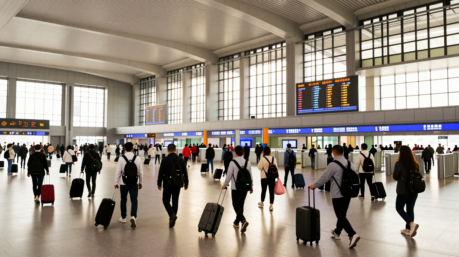 Travelers navigating through a modern high-speed rail terminal in Shanghai with digital departure screens overhead
