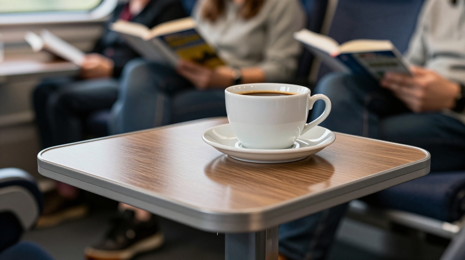 A full cup of coffee resting steadily on the table inside a smooth-riding high-speed train carriage