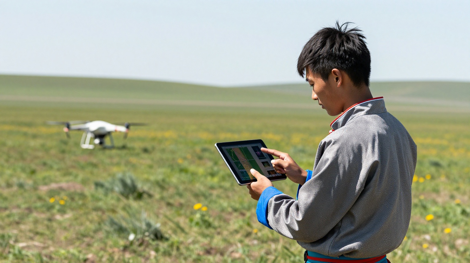 A modern nomad in Inner Mongolia using a tablet and drone for livestock management in a grassy field