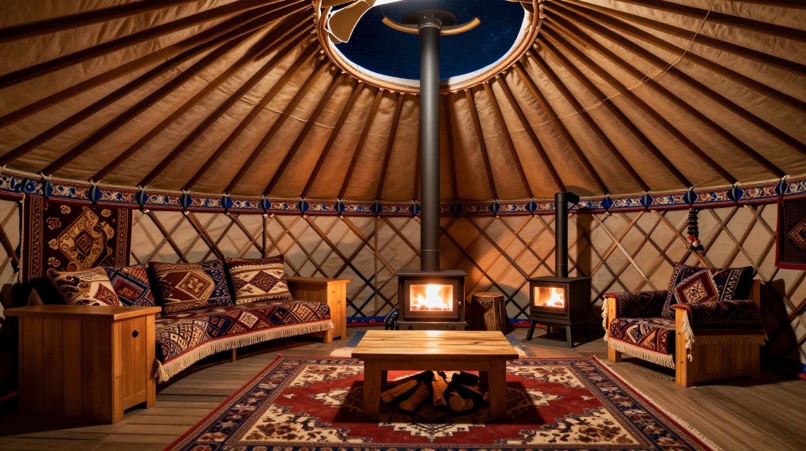 Cozy interior of a traditional Mongolian yurt with modern amenities like a wood stove and carpeting, looking out at a starry night sky