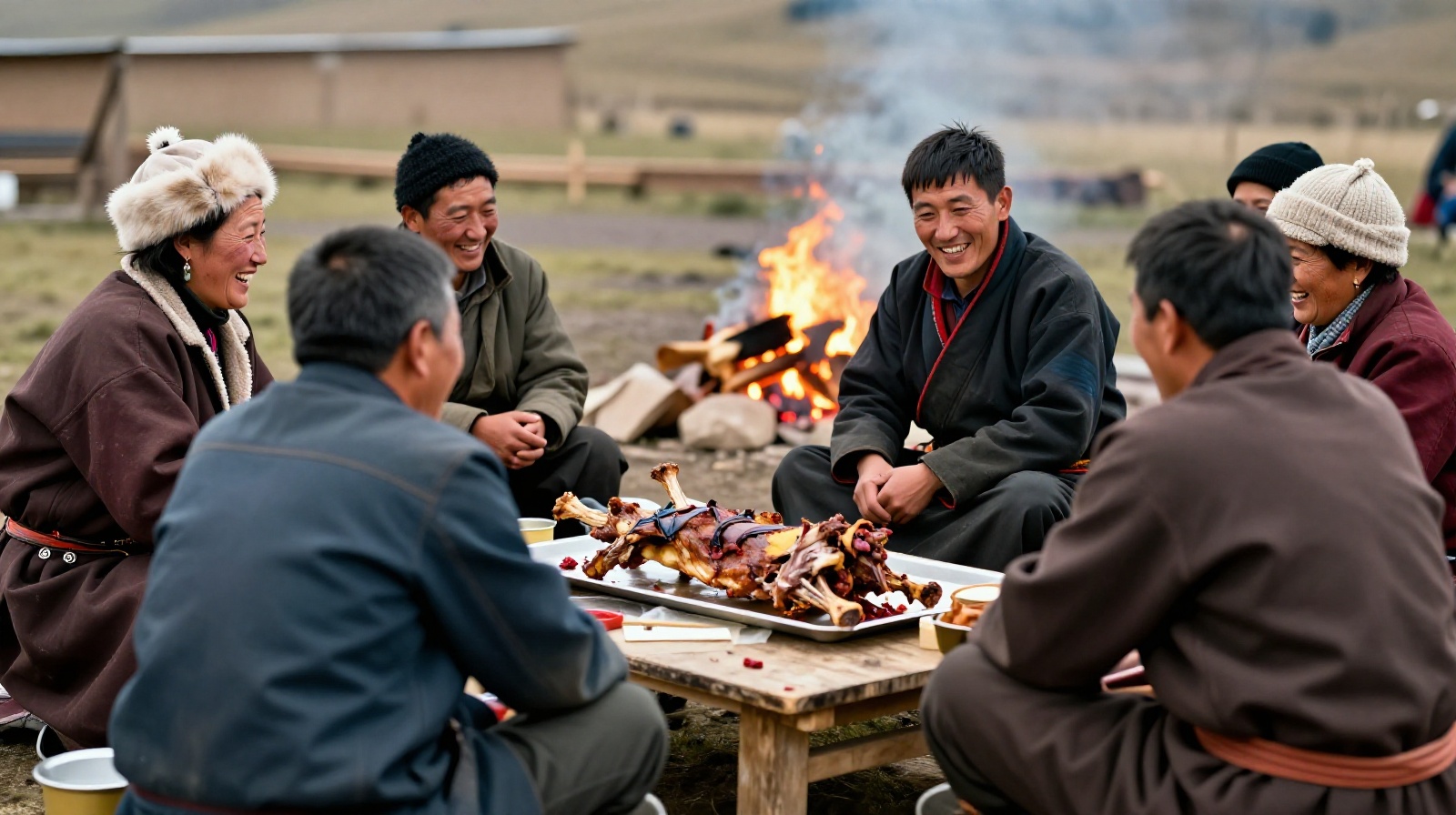 Travelers sharing a meal of roasted mutton with a local Mongolian herding family in a yurt