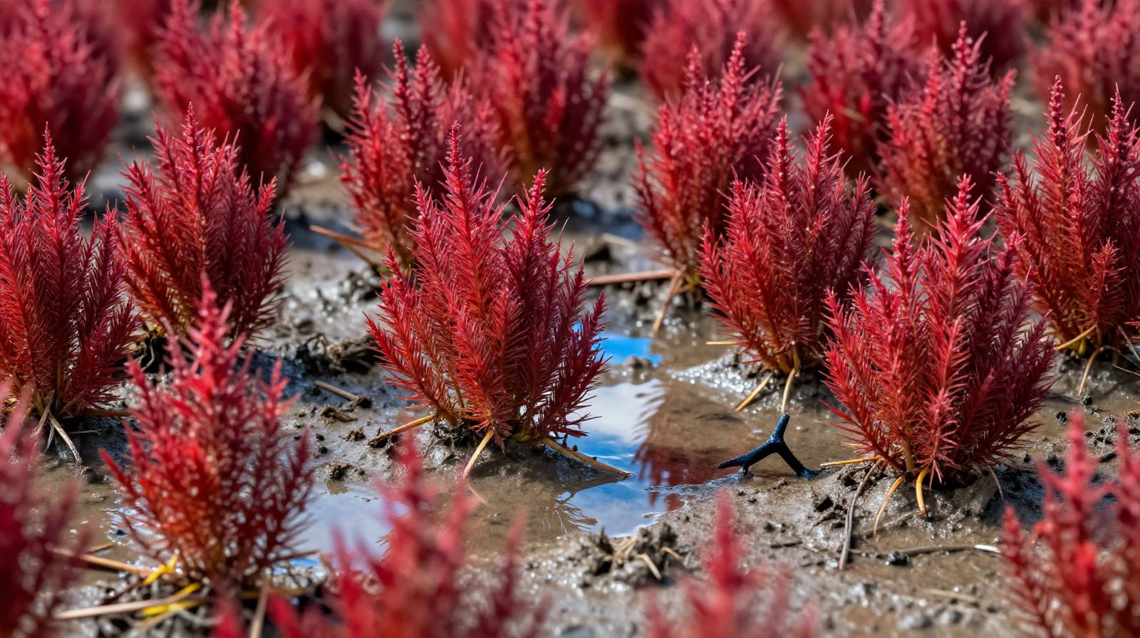 Close-up view of vibrant red Suaeda salsa grass covering the tidal flats in Panjin, China