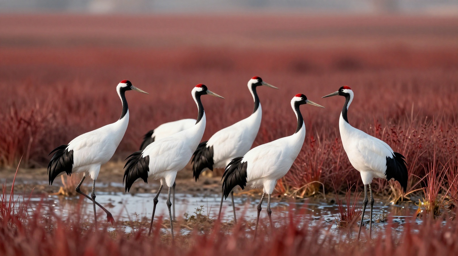 Endangered Red-crowned Cranes feeding in the Panjin Red Beach wetland reserve