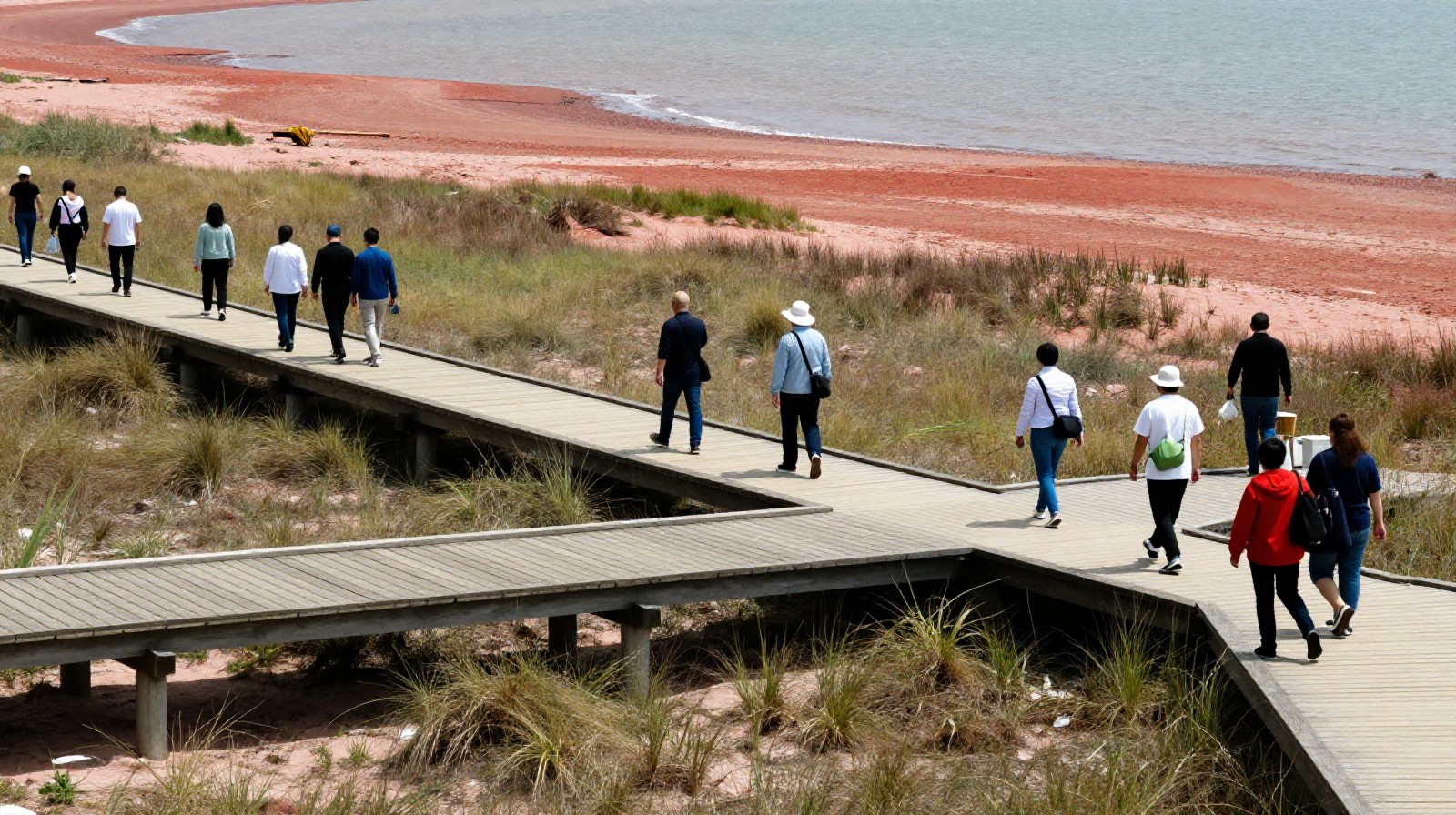 Visitors exploring the Panjin Red Beach via sustainable wooden walkways