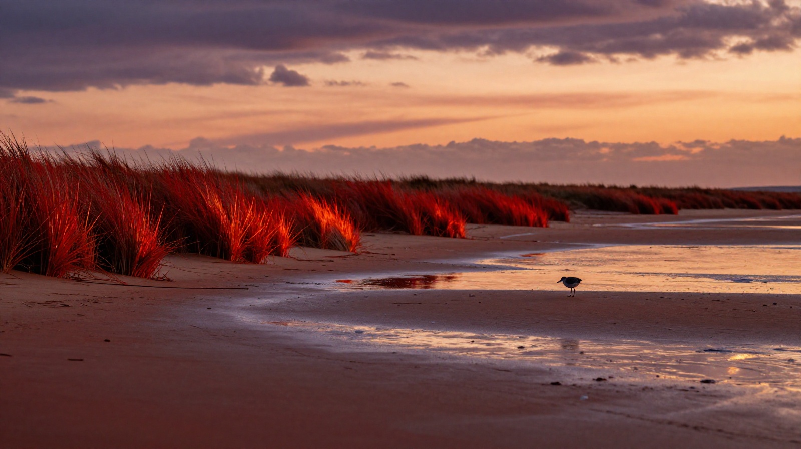 Sunset view over the crimson tidal flats of Panjin during peak autumn season