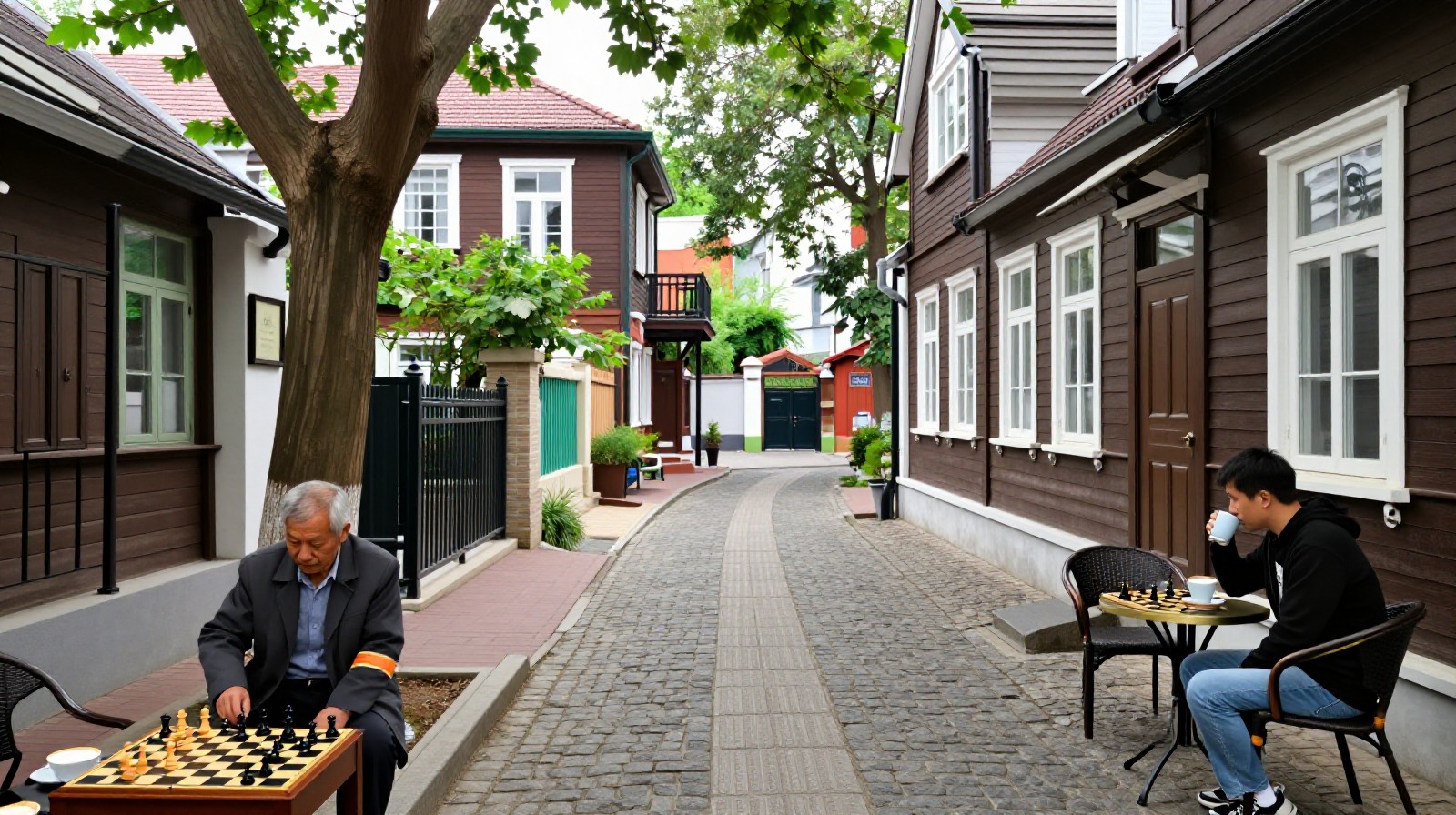 Narrow cobblestone street in Dalian showing wooden villas, locals playing chess, and people enjoying coffee at an outdoor cafe